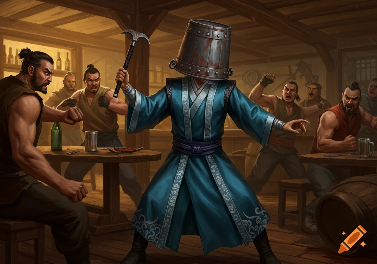 A robed figure with a bucket on their head holds a jitte, ready to fight angry men in a fantasy bar brawl.