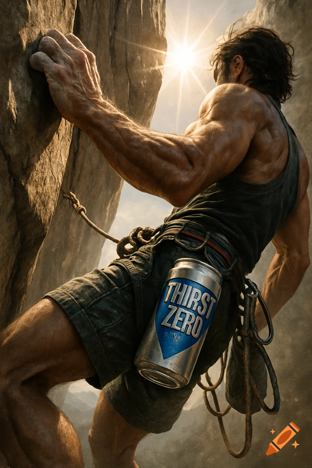 A muscular rock climber grips a vertical cliff, an energy drink 'THIRST ZERO' on his harness, under a bright sun.