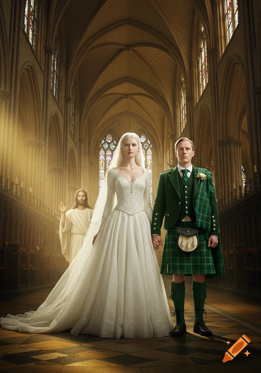 A photorealistic image of a couple in wedding attire holding hands in a grand gothic cathedral, with Jesus Christ standing behind them.