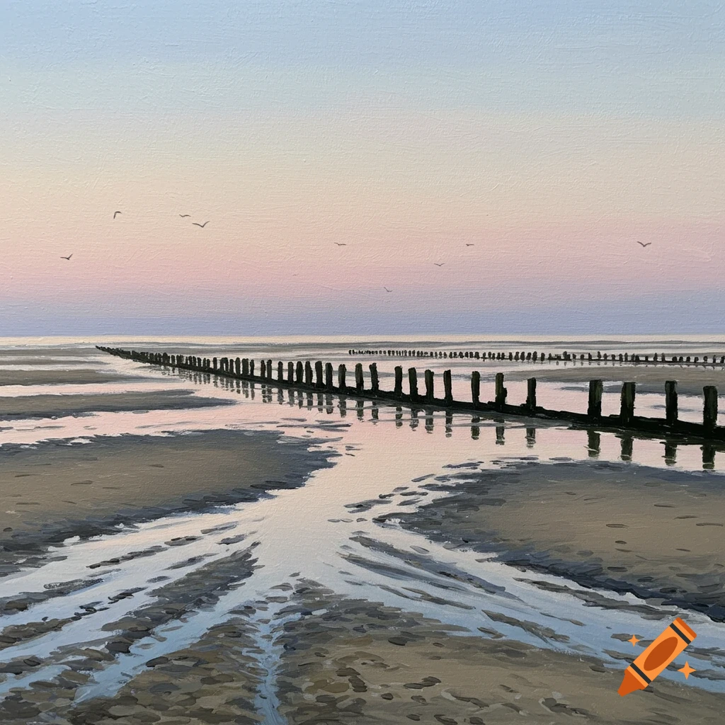 Painting of a serene Wadden Sea beach at sunset with a line of wooden groynes reflected in the wet sand.