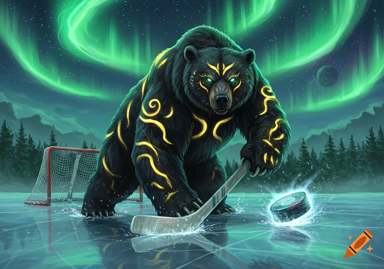 A majestic black bear with glowing yellow patterns and green eyes plays ice hockey on a rink under vibrant green aurora borealis.