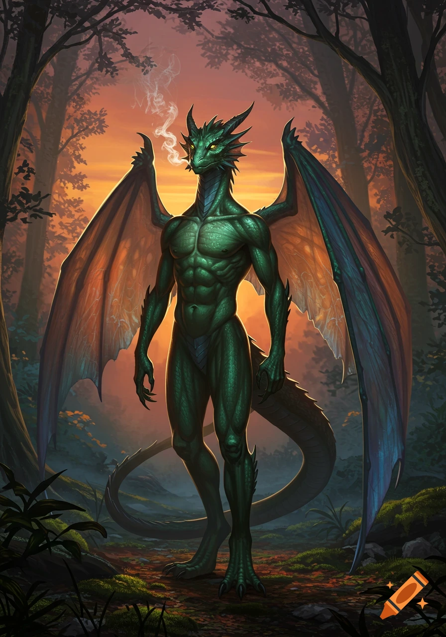A muscular, green, winged dragon-like creature stands in a forest at sunset, exhaling smoke.