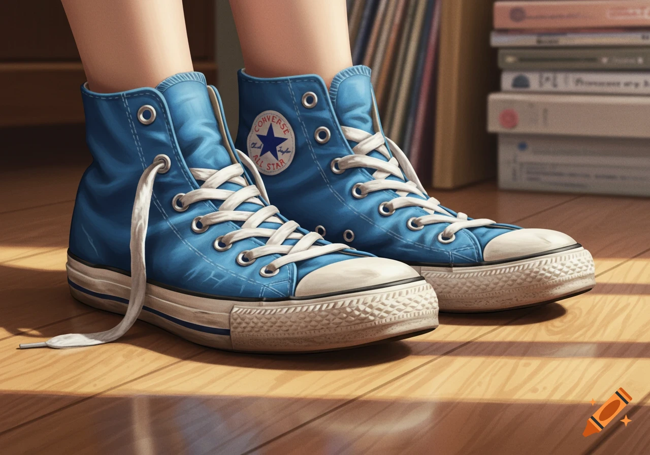 Illustrative close-up of a person wearing blue high-top Converse sneakers with untied white laces on a wooden floor.