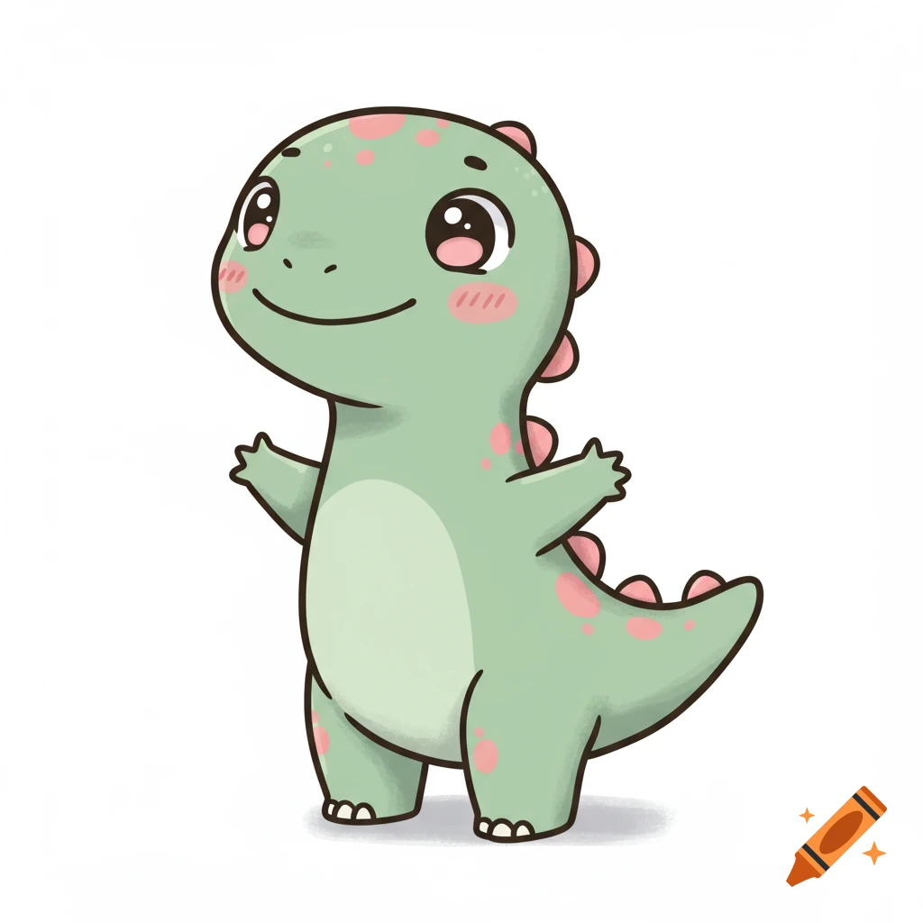 A cute green cartoon dinosaur with pink spots and rosy cheeks stands on a white background, smiling with big eyes.