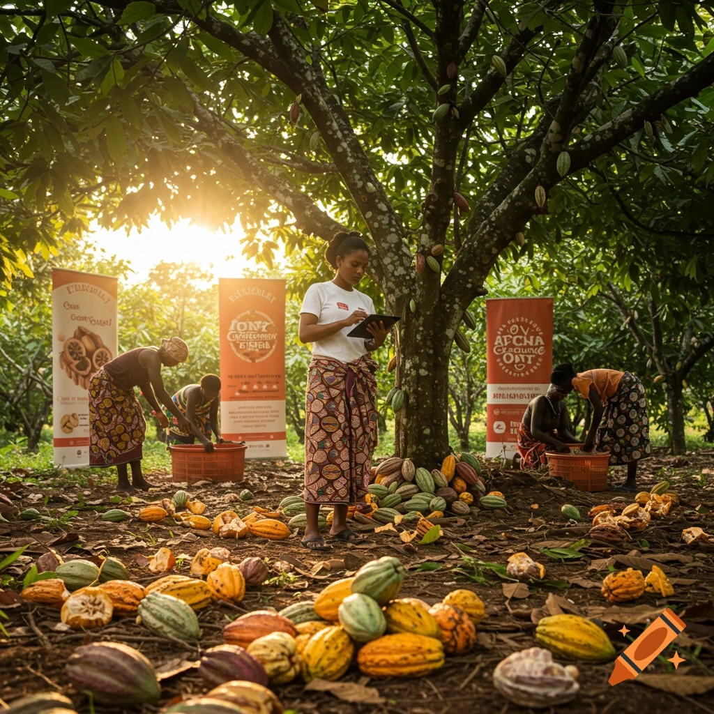 Photorealistic image of people working in a sunny cocoa farm, surrounded by cocoa pods on the ground and trees, with a person checking a tablet near banners.