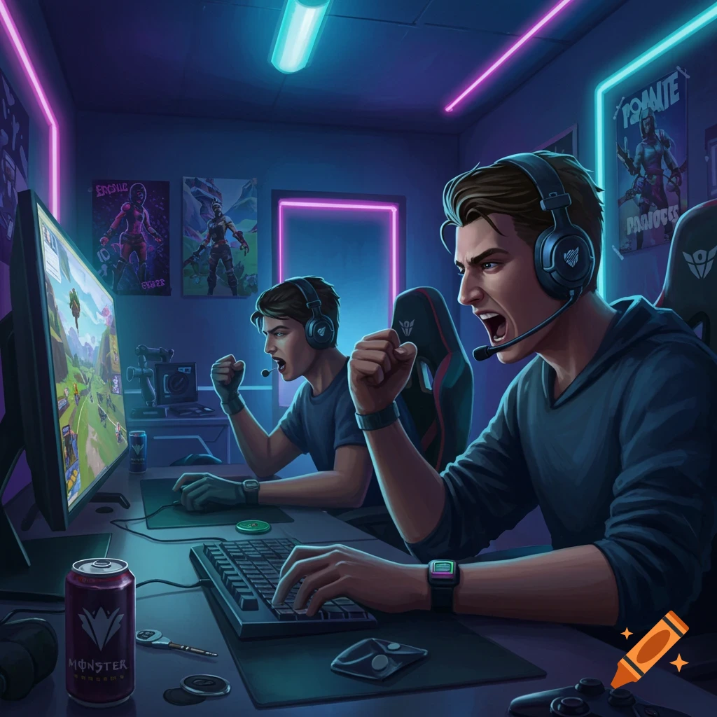 Two male gamers intensely playing a video game in a neon-lit room, featuring a Monster Energy drink can and game posters, in a digital art style.