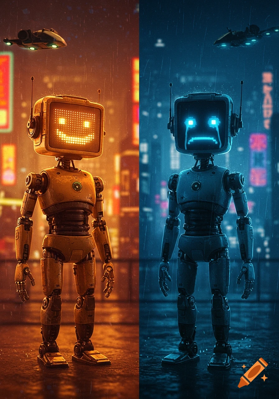 A split image shows two robots in a rainy, neon-lit cyberpunk city. The left robot is yellow with a happy, pixelated face in warm light; the right robot is blue with a sad, pixelated face in cool light. A small flying vehicle is in the sky above each.