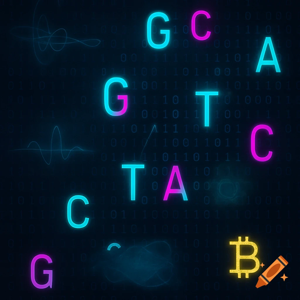 Abstract cyberpunk wallpaper with neon DNA letters G, C, T, A, binary code, wave lines, and a glowing Bitcoin symbol.