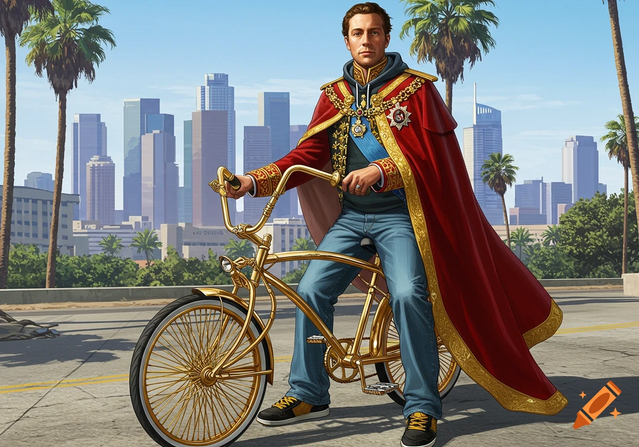 A man in a red and gold royal cape, hoodie, and jeans rides a golden bicycle in front of a city skyline and palm trees.