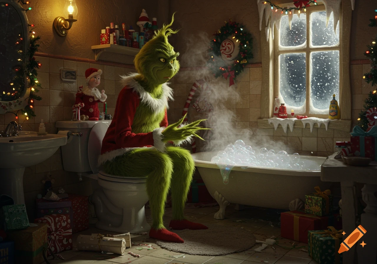 The Grinch sits on a toilet in a festive, photorealistic Christmas bathroom with a steaming bathtub.