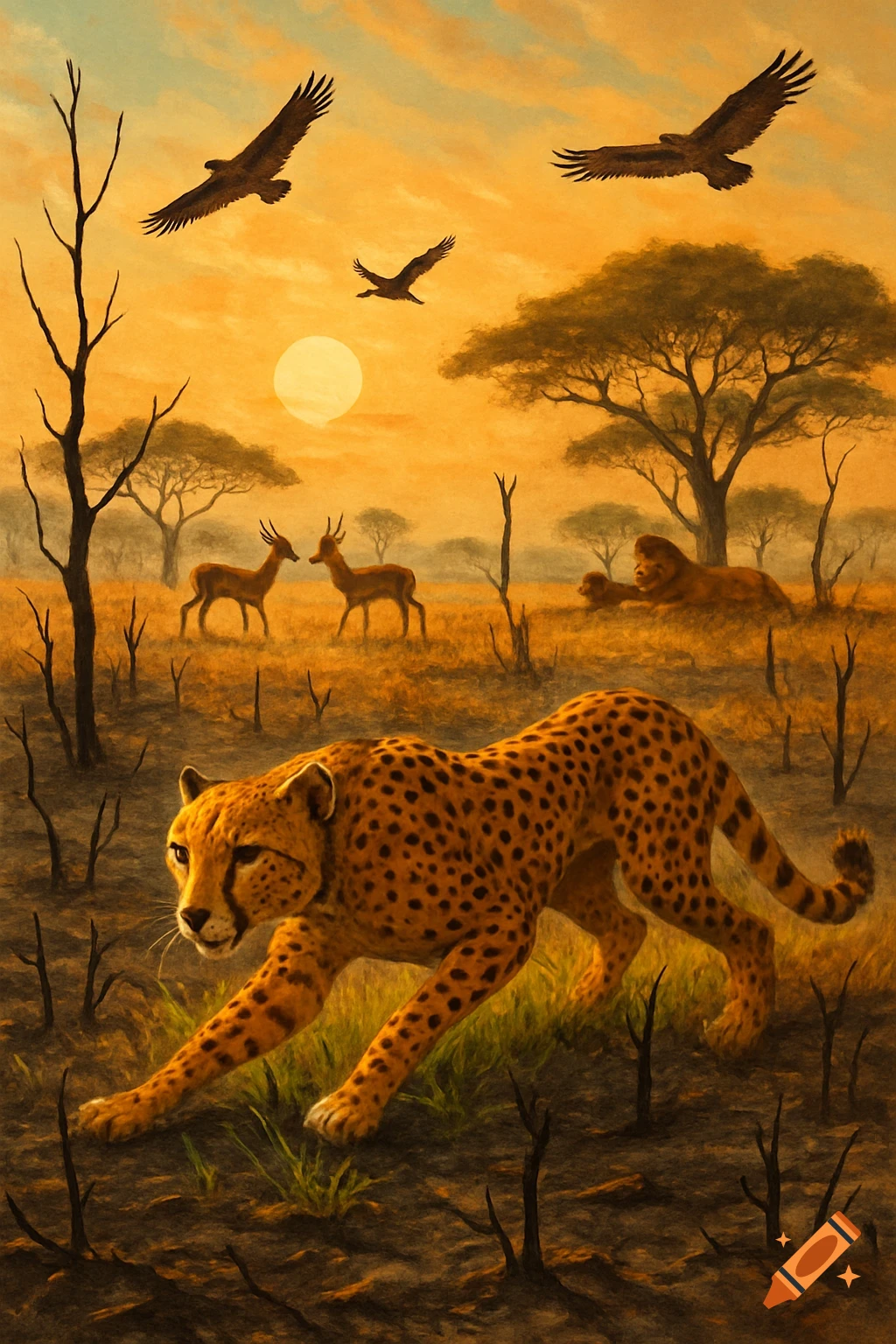 A cheetah stalks in a savanna at sunset, with antelopes, resting lions, and birds flying overhead in a painterly style.