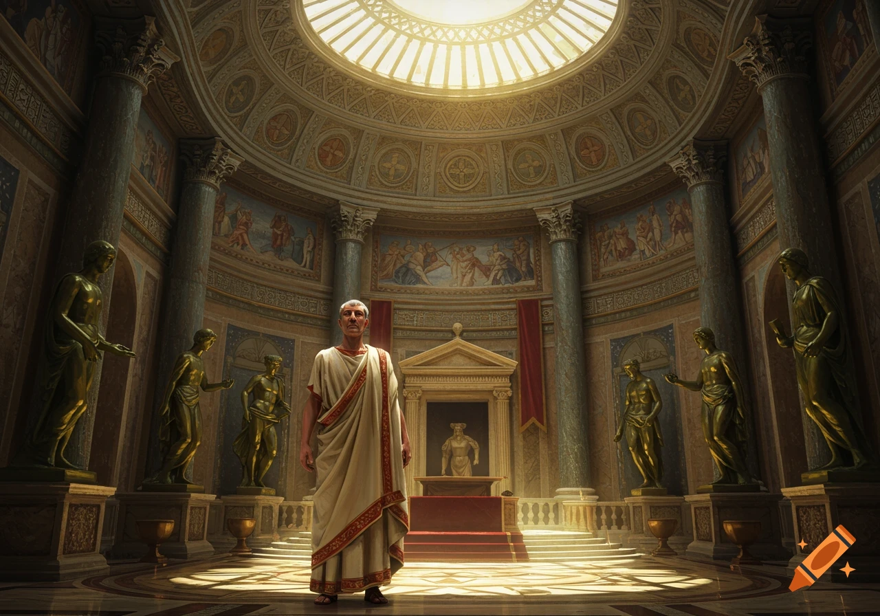 A Roman senator stands in a grand, sunlit Roman hall with ornate pillars, murals, and golden statues.