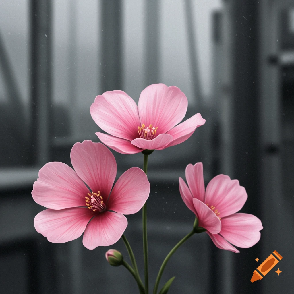 Three pink flowers with green stems against a blurred gray urban background, showing an extreme bokeh effect.