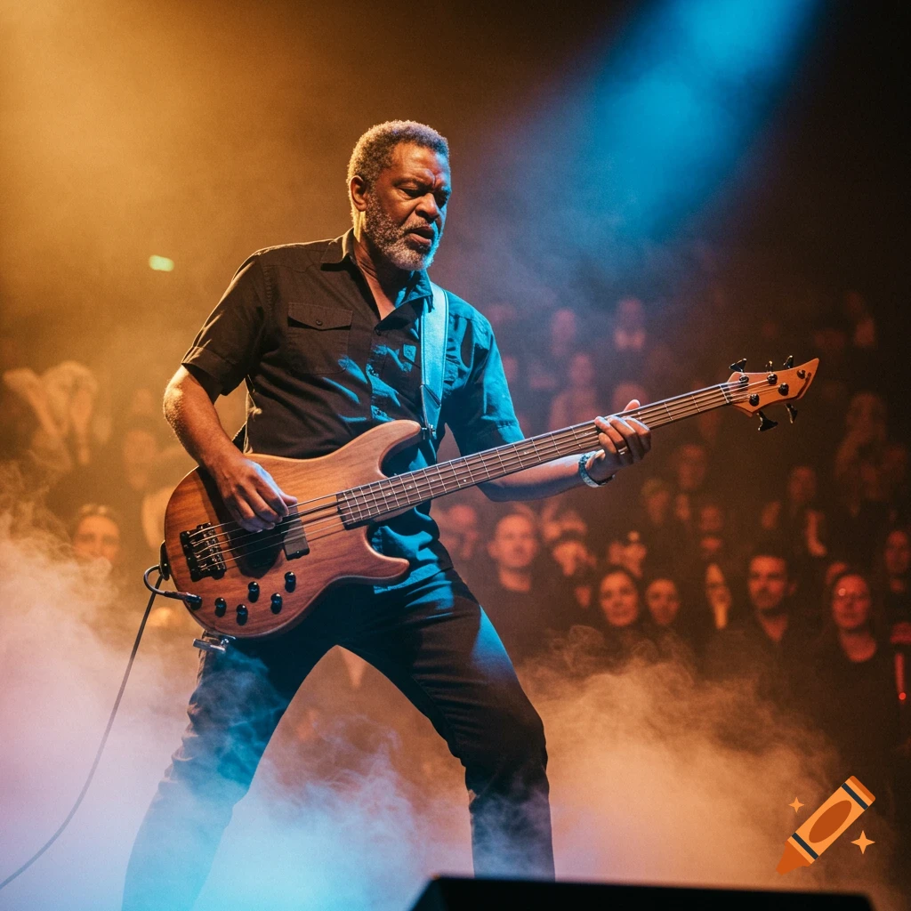 A photorealistic image of a man playing a five-string bass guitar on stage, lit by orange and blue lights, with smoke and a blurred crowd.
