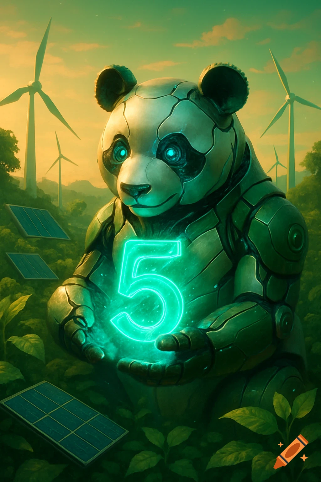 A metallic panda holds a glowing green number 5 in a lush green landscape with wind turbines and solar panels.