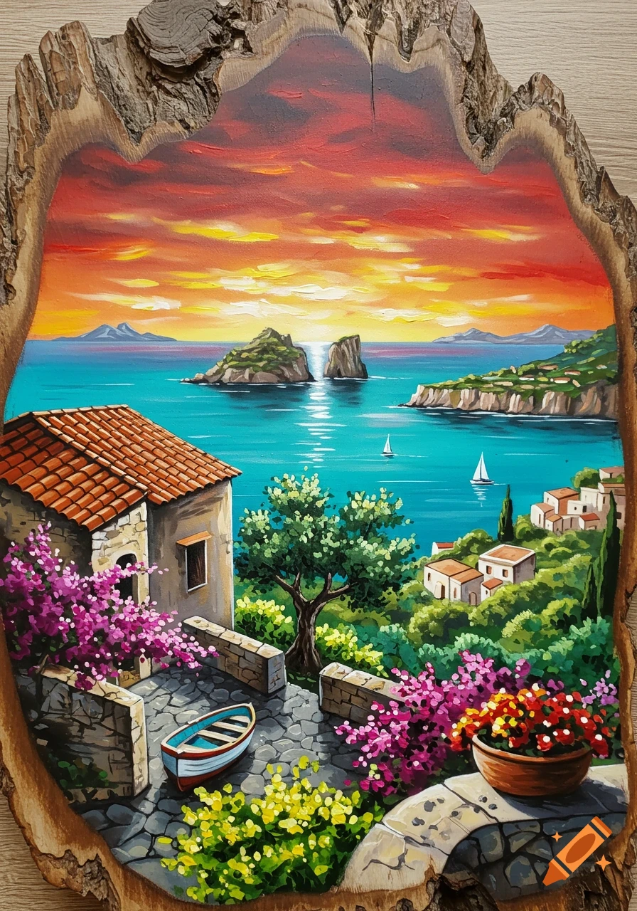 Vibrant painting on wood slab of a Mediterranean coastal village, boat, and islands at sunset.