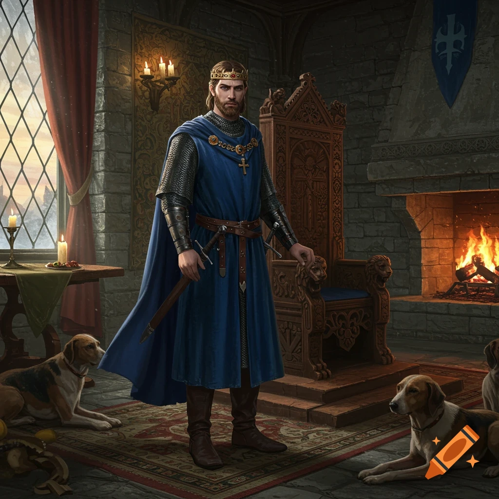 A medieval lord in blue robes and chainmail stands in a stone castle room with a large throne, a fireplace, and two dogs.