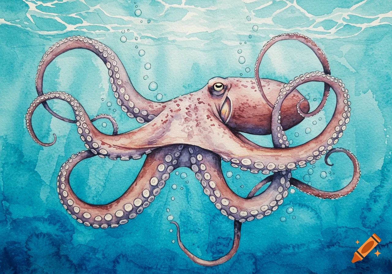 A stylish watercolor illustration of a purple-brown octopus with its tentacles spread, surrounded by bubbles in a blue-green ocean.
