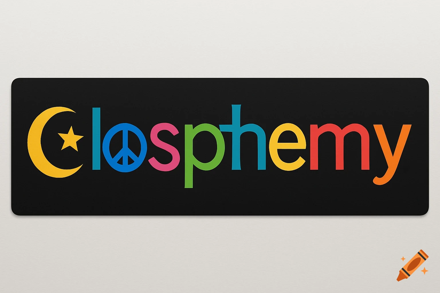 A black bumper sticker displays "Blasphemy" in colorful letters. The 'B' is a yellow crescent moon and star, and the 'a' is a blue peace sign.