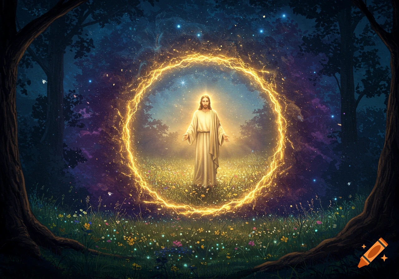 Jesus stands in a glowing golden portal, bathed in light, within a dark, mystical forest with starry elements.