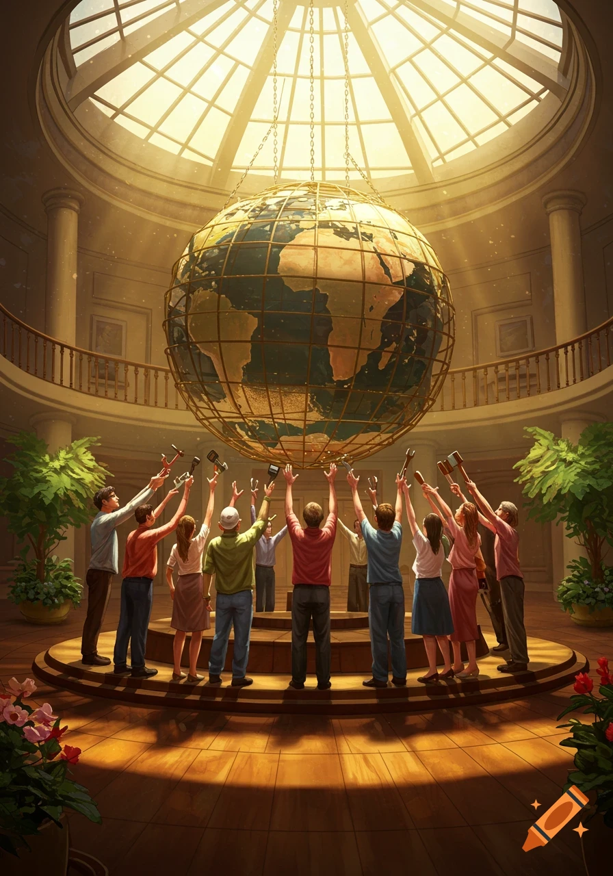 A diverse group of people reaching up with tools towards a large globe suspended in a grand, sunlit domed hall, symbolizing cooperation.