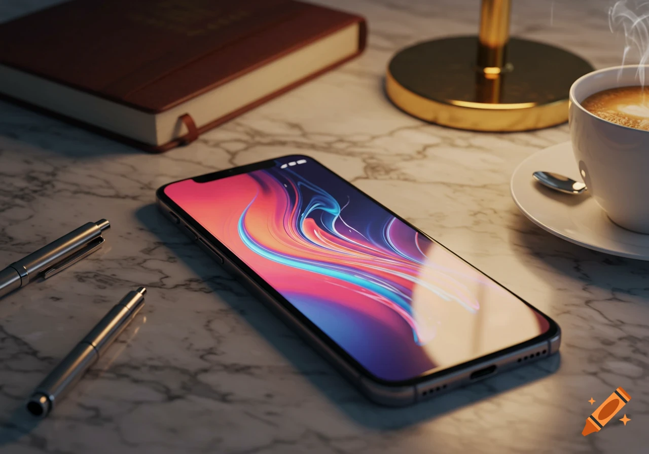 Photorealistic smartphone with colorful wallpaper on a marble table, beside pens, a book, and a steaming coffee cup.