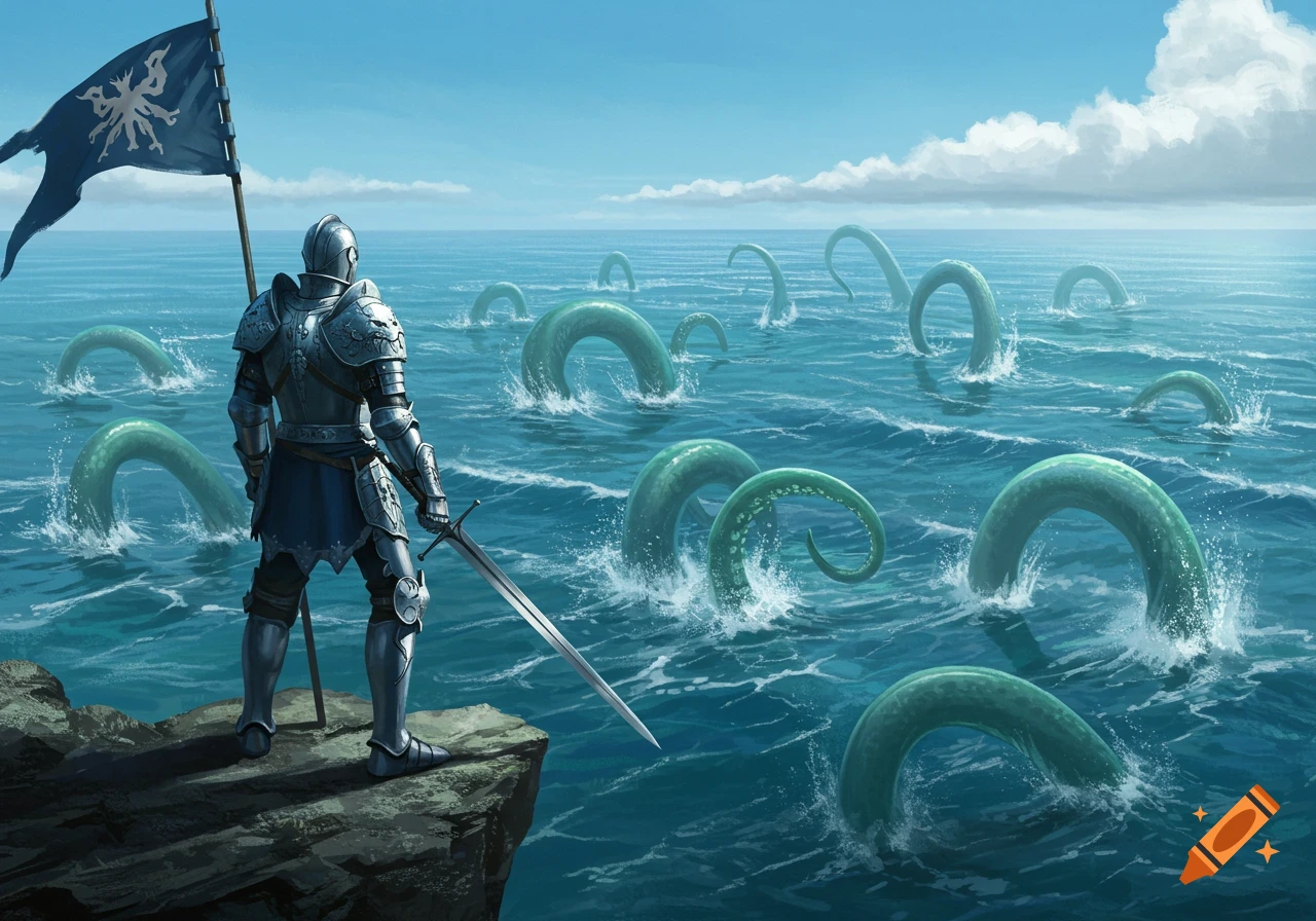 A knight in full armor on a cliff overlooks a sea teeming with giant green tentacles, holding a sword and a flag.