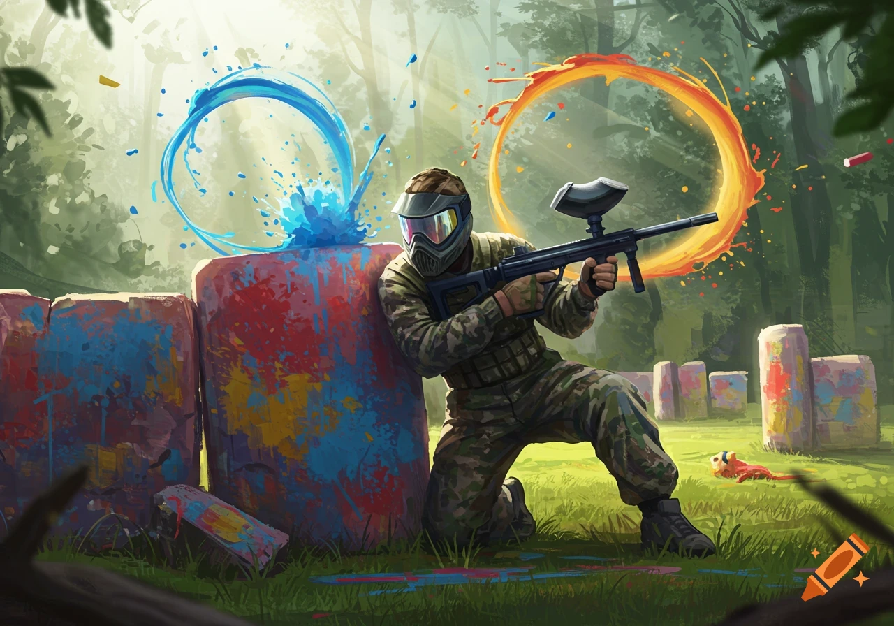 A player in camo and mask aims a paintball gun, kneeling behind a paint-splattered barrier in a vibrant outdoor arena, digital art.