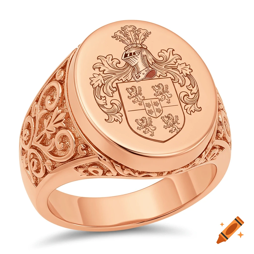 A close-up of a rose gold signet ring with an elaborate engraved coat of arms on its oval face and scrollwork patterns on the band.