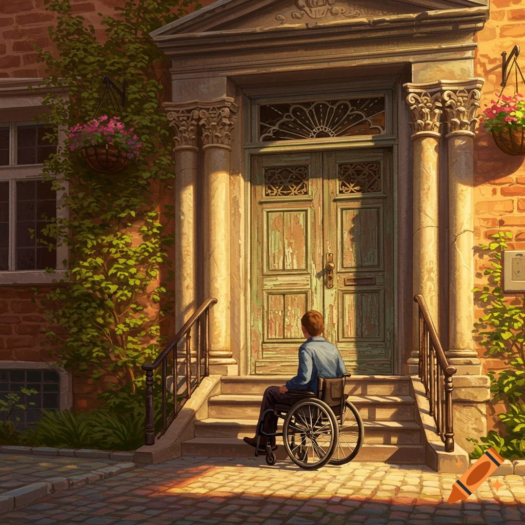 An illustration of a person in a wheelchair facing the stone steps of an old townhouse with a large wooden door and ivy.