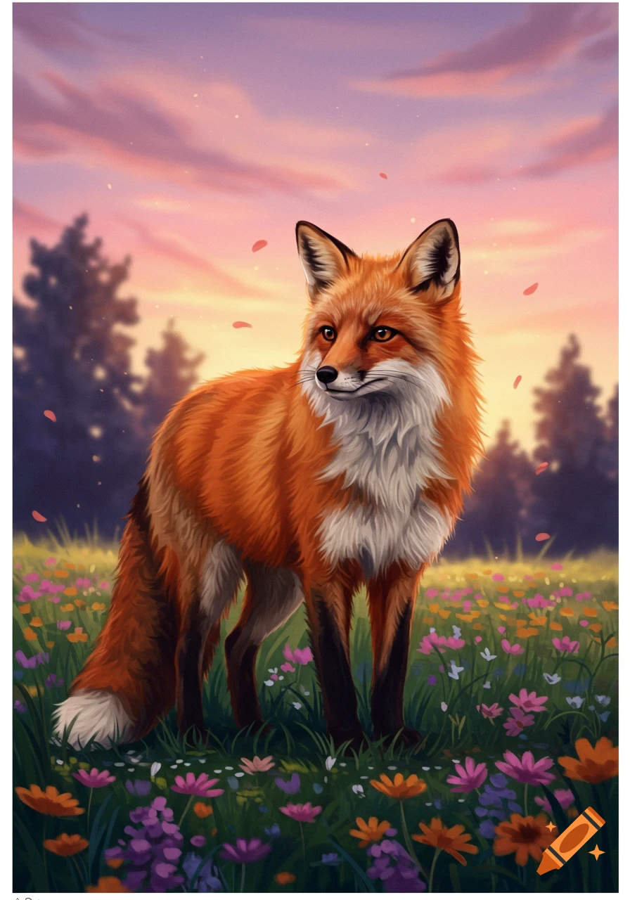 An illustrated red fox stands in a field of colorful wildflowers at sunset.