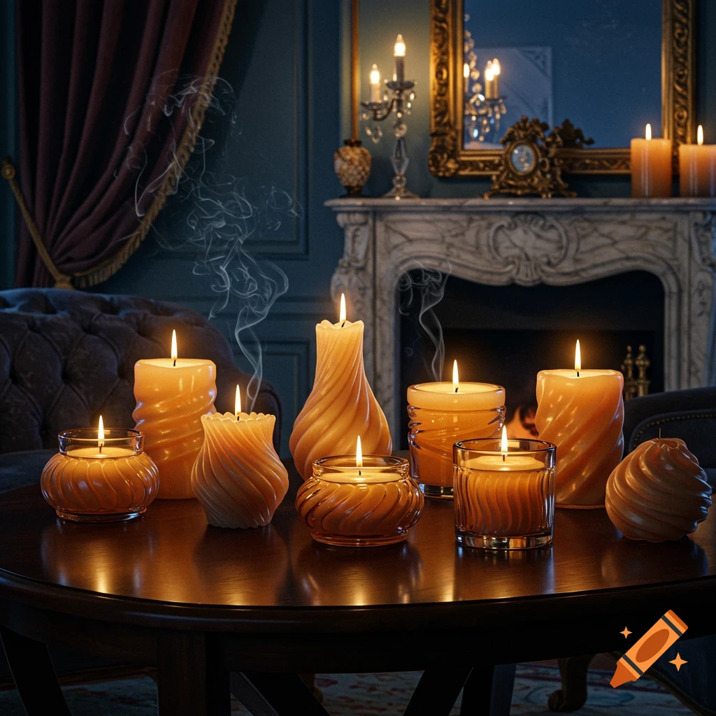 Various ornate lit candles on a wooden table in an elegant, dimly lit room with a fireplace and mirror, smoke rising.