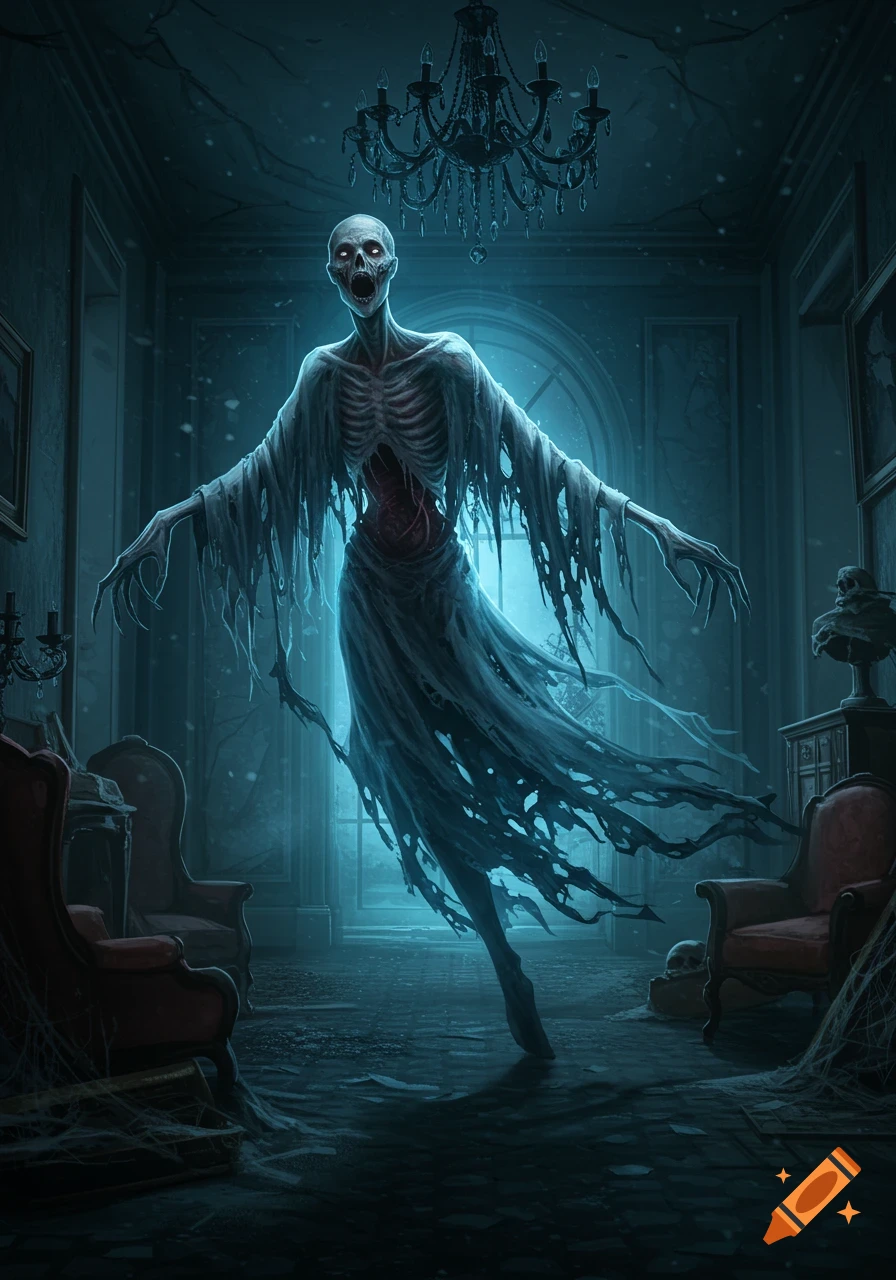 A skeletal ghost with glowing red eyes and tattered robes floats in a dark, decaying mansion with a chandelier.