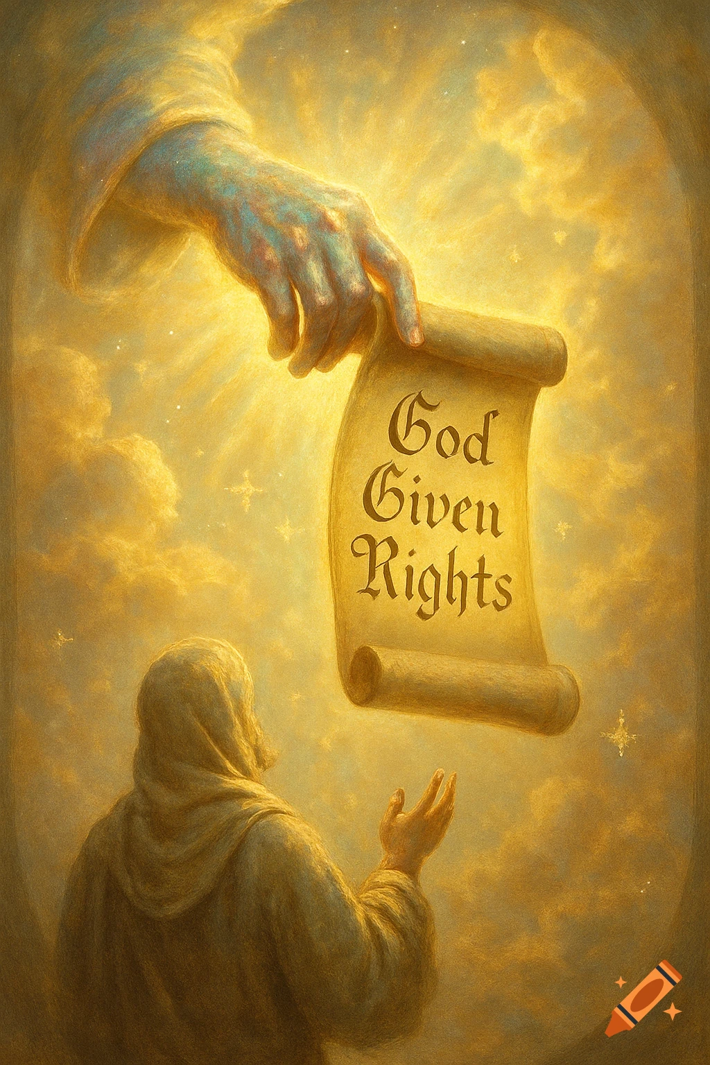 A glowing hand from the heavens gives a scroll with 'God Given Rights' to a robed figure, bathed in golden light.