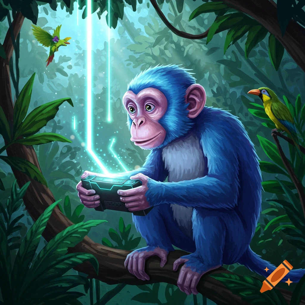 A stylized blue monkey on a jungle branch plays a glowing futuristic gaming device, with birds in the background.