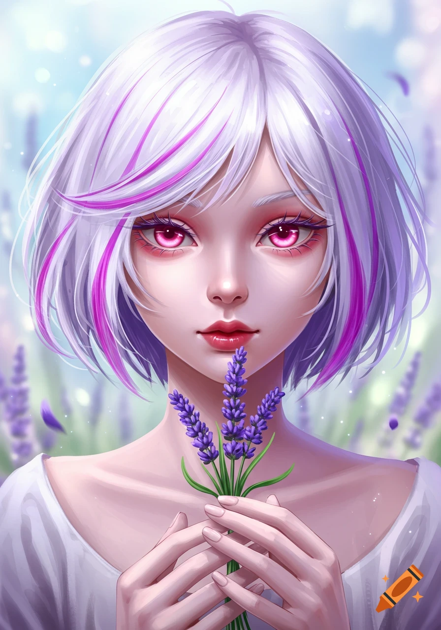 An anime girl with short white hair and bright purple streaks, with red eyes, holds a small bunch of lavender.