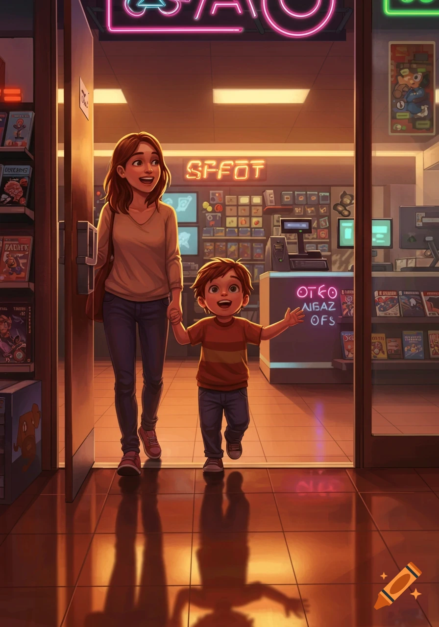 A mother and her young son happily walk hand-in-hand into a brightly lit game store, in an illustrative style.