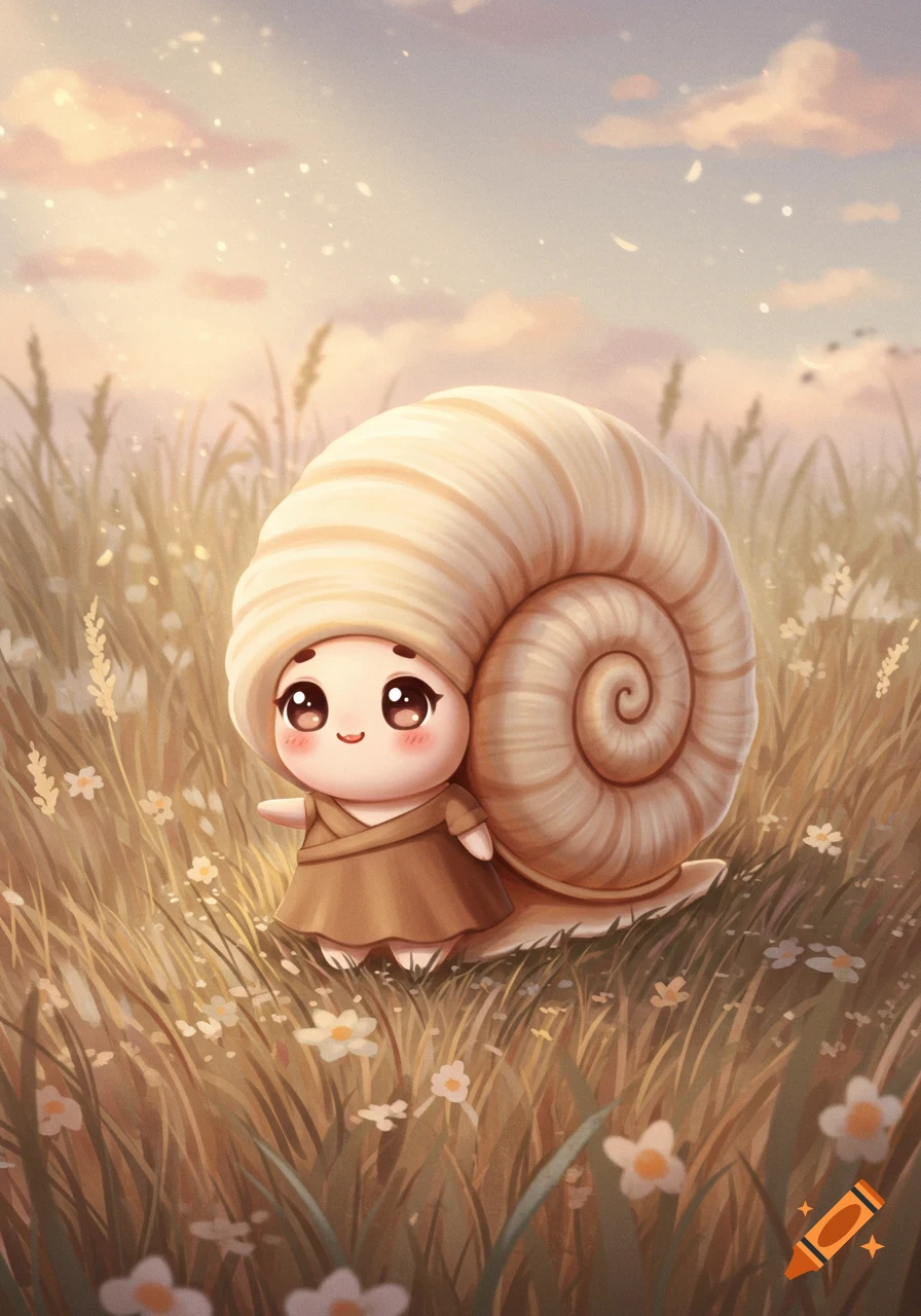A cute character with big eyes, a brown dress, and a large cream snail shell stands in a field of tall grass and wildflowers under a pastel sky.