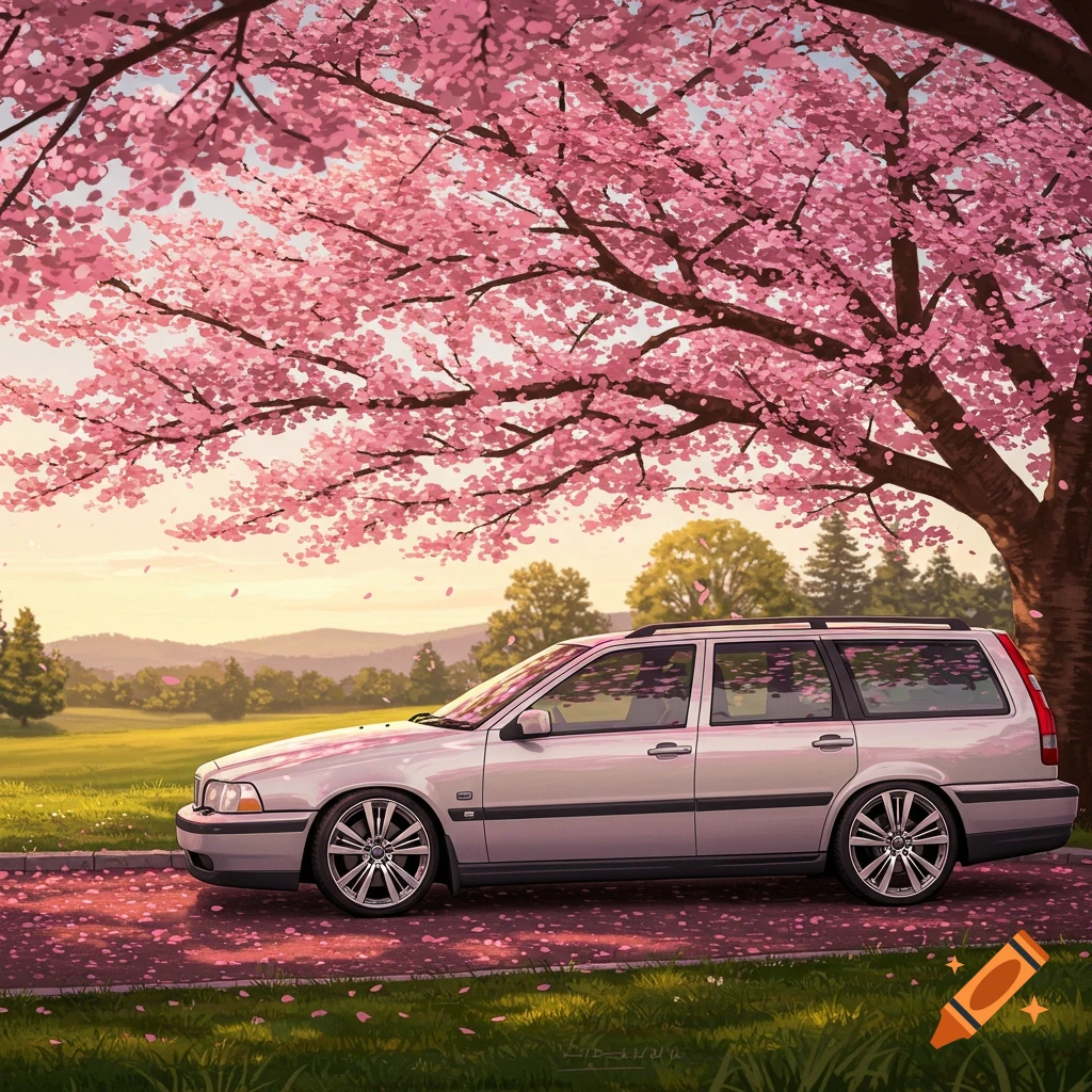 Silver Volvo V70 wagon under a cherry blossom tree, petals on the ground, illustrated in an anime style.