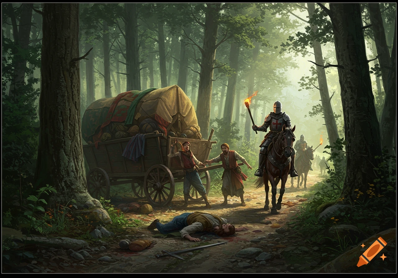 Knights on horseback ride past a robbed wagon in a misty forest, with a body on the ground, in a detailed digital painting.