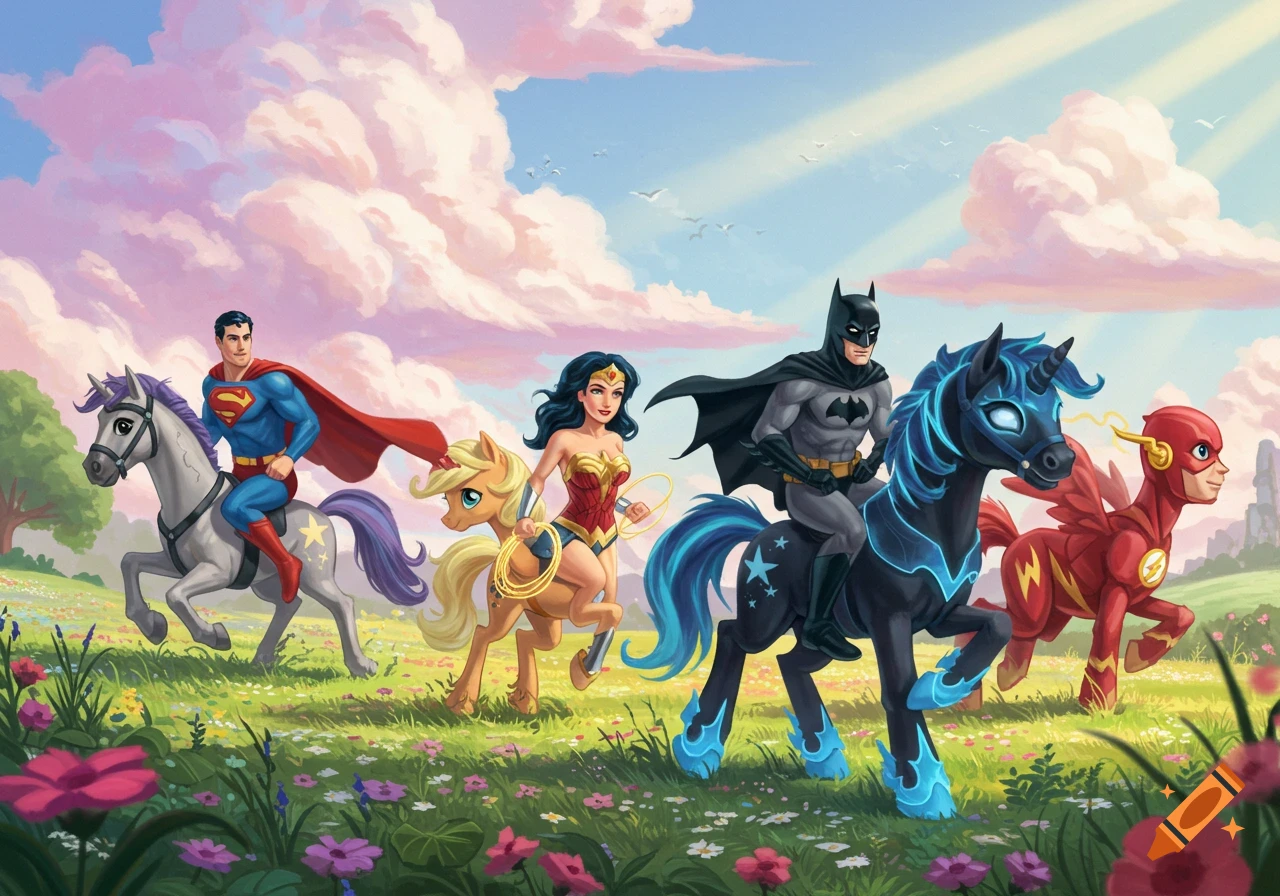 Superman, Wonder Woman, Batman, and Flash ride colorful ponies and a unicorn through a vibrant, flowery meadow under a cloudy sky in a cartoon style.