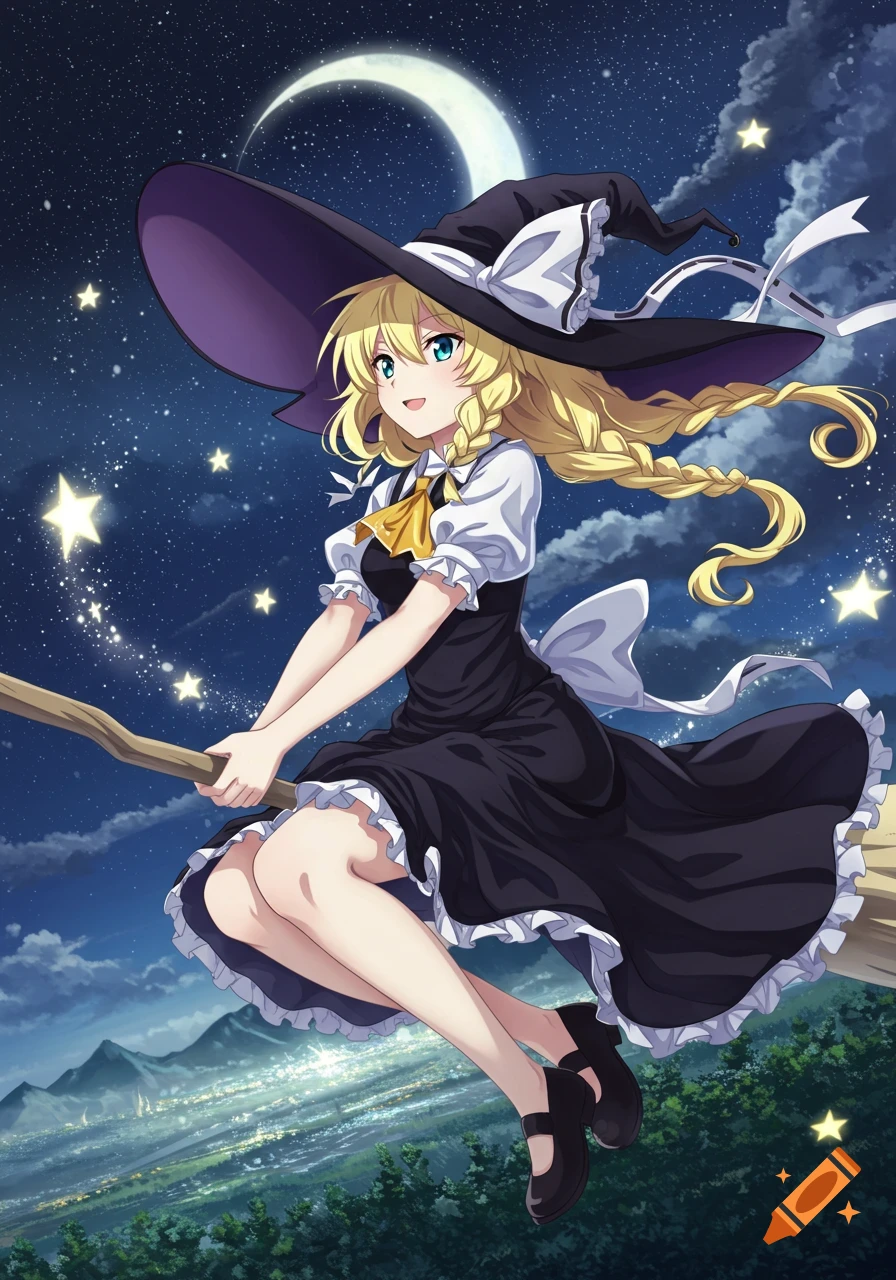 An anime witch with long blonde braided hair and a large purple hat flies on a broomstick across a starry night sky with a crescent moon over a distant city.