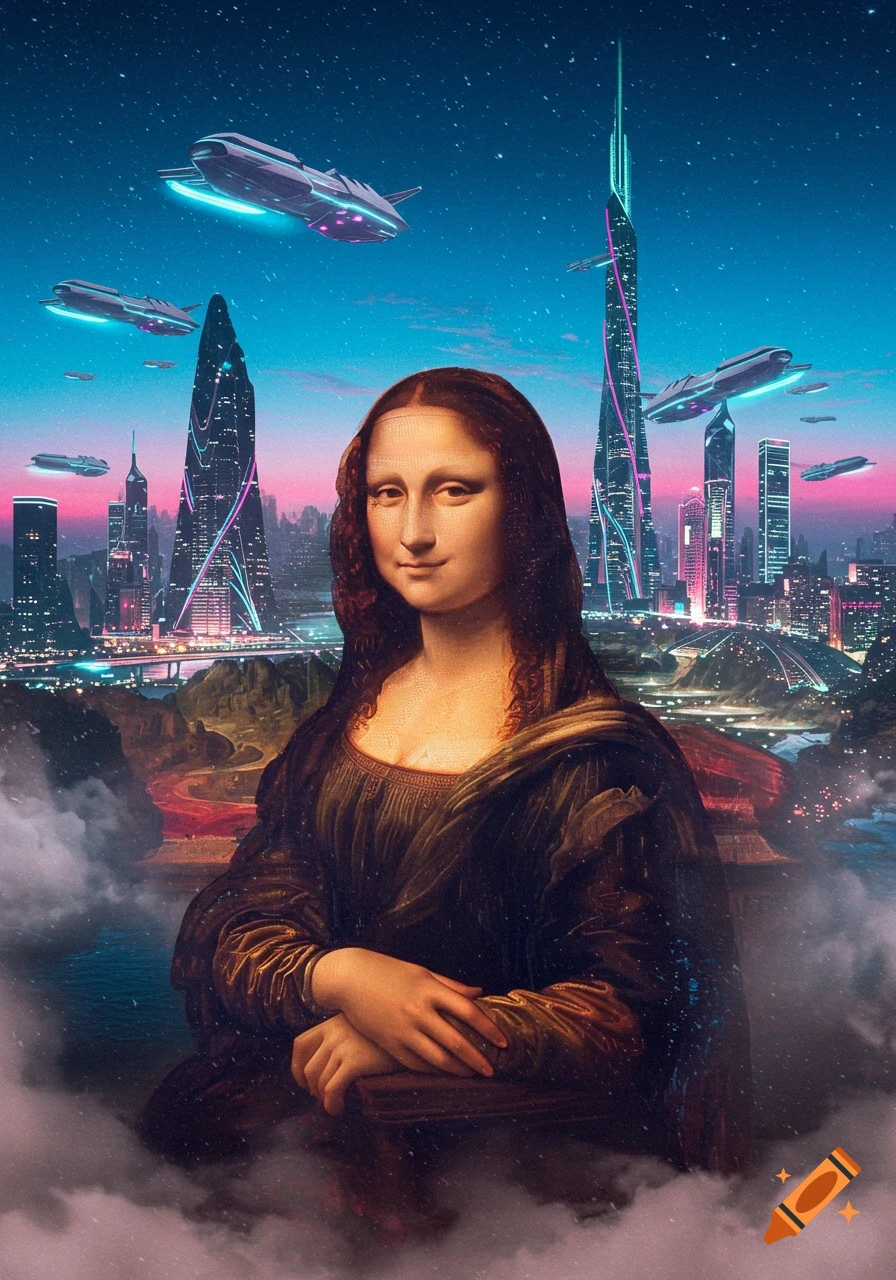 Mona Lisa with a futuristic cityscape featuring neon-lit skyscrapers and flying spaceships under a starry sky, surreal digital art.