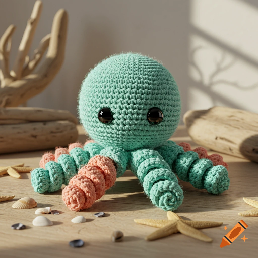 A mint green and peach crocheted octopus toy on a wooden surface surrounded by seashells and starfish.