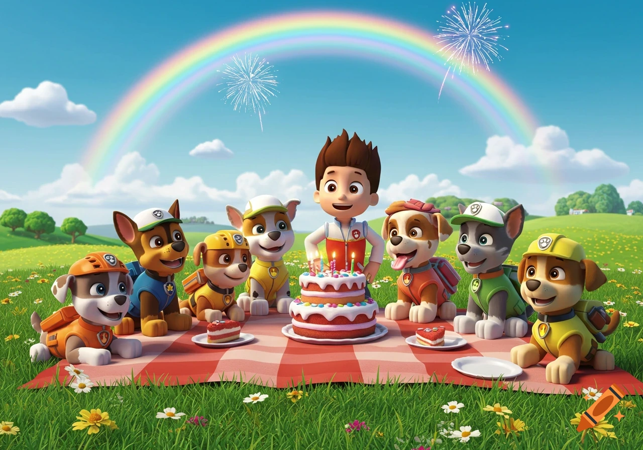 Ryder and the Paw Patrol pups celebrate with a birthday cake and picnic under a rainbow and fireworks in a vibrant cartoon field.