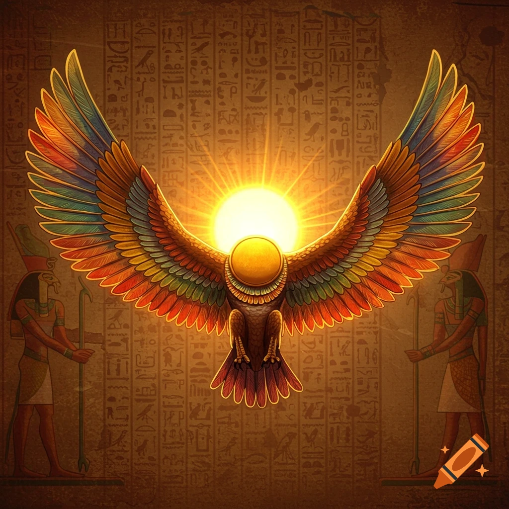A vibrant illustration of the Egyptian god Ra as a winged sun disk, flanked by two figures, against a wall of hieroglyphs.