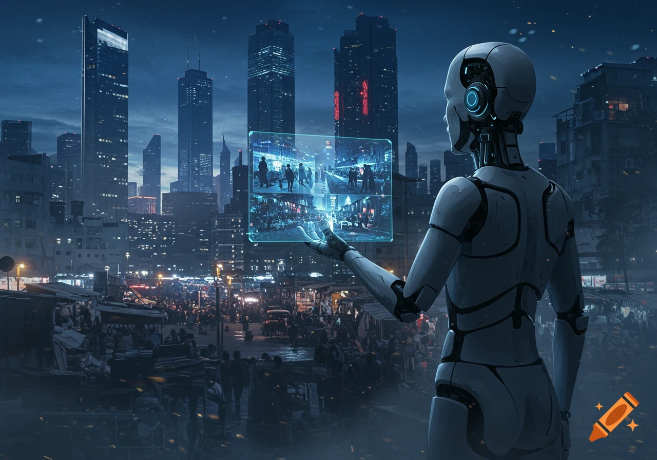 A robot overlooks a crowded futuristic city at night, holding a holographic screen displaying multiple views of people on streets.