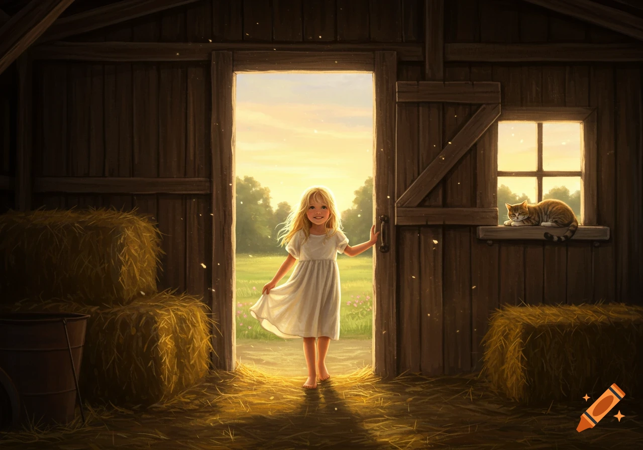 A smiling blonde girl in a white dress stands in a barn doorway, sunlight streaming from a field. A tabby cat naps on a window sill. Hay bales are nearby.