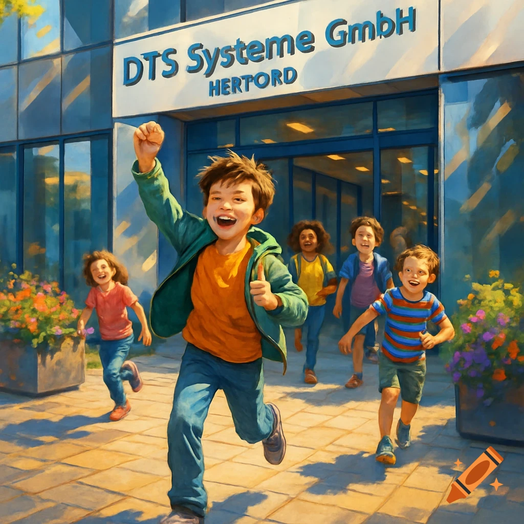 Happy children run out of the DTS Systeme GmbH building in a vibrant painterly style.