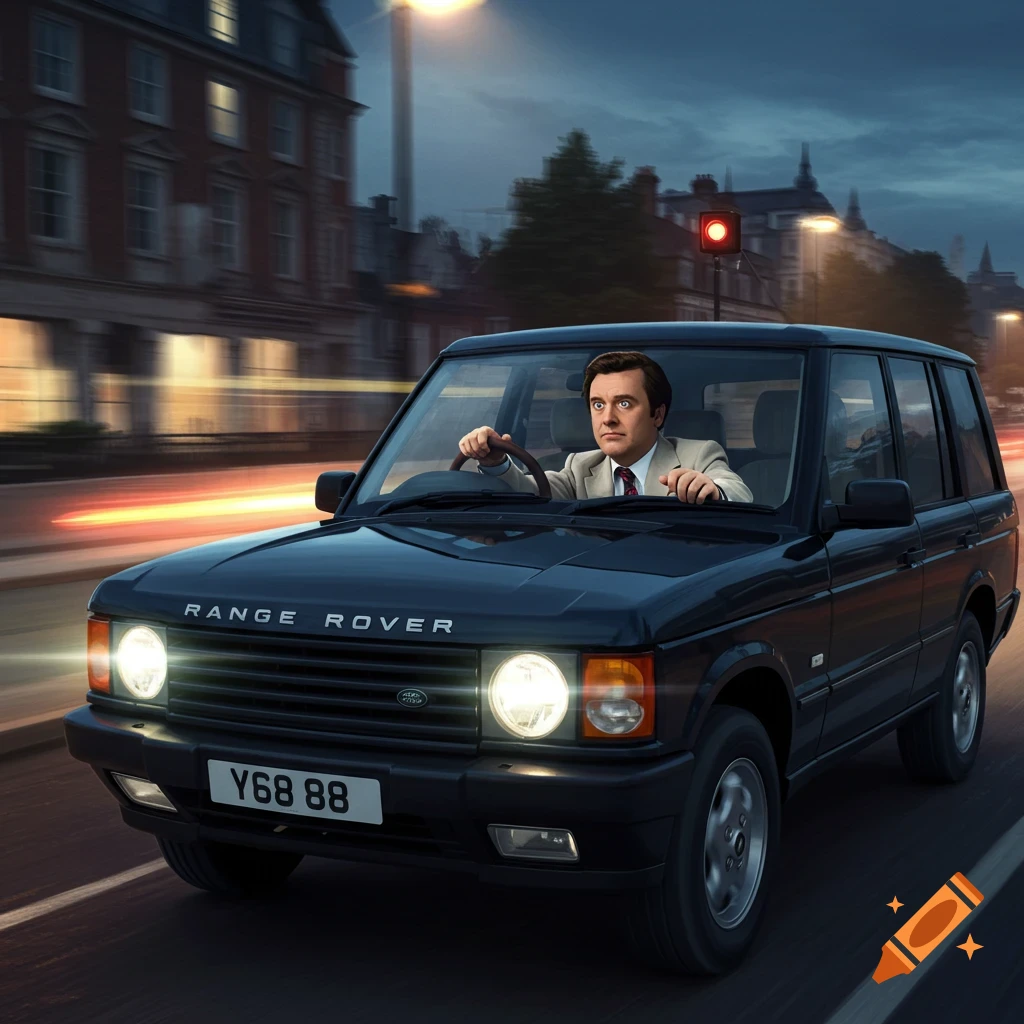 A man with a surprised expression drives a black Range Rover at night on a city street with motion blur.